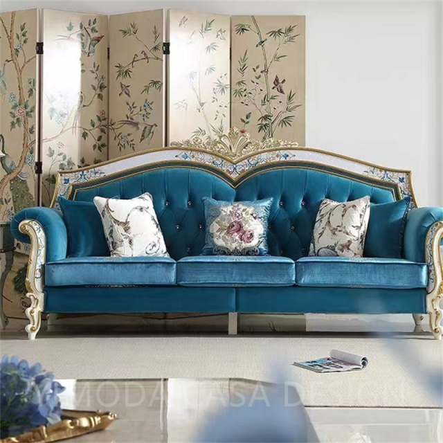 French Style embroidery blue fabric  Sofa 123 Combination Luxury Villa Living Room Antique Classic Solid Wood Carved blue french Sofa Set for Home