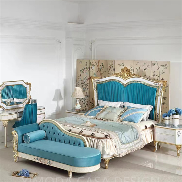 French Style embroidery blue fabric  Sofa 123 Combination Luxury Villa Living Room Antique Classic Solid Wood Carved blue french Sofa Set for Home