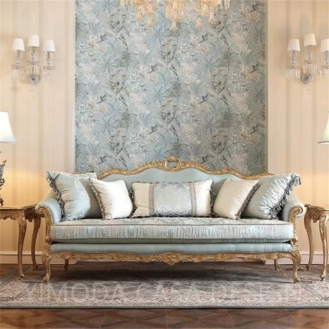 High End Classic Royal Blue Velvet Sofa Gold Carved Solid Wood Frame With Cushions For Luxury Living Room Hotel Lobby