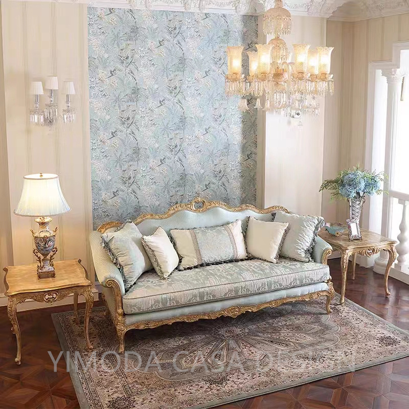 High End Classic Royal Blue Velvet Sofa Gold Carved Solid Wood Frame With Cushions For Luxury Living Room Hotel Lobby