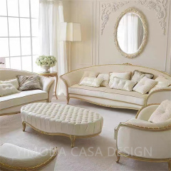 Luxury Classical French Italian Antique Style Carved Cream white fabric Solid Wood Frame Artistic French white Sofa Set