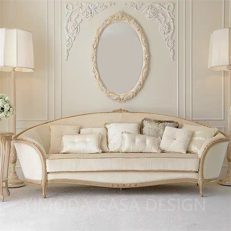 Luxury Classical French Italian Antique Style Carved Cream white fabric Solid Wood Frame Artistic French white Sofa Set