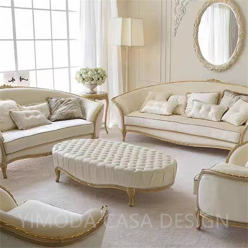 Luxury Classical French Italian Antique Style Carved Cream white fabric Solid Wood Frame Artistic French white Sofa Set