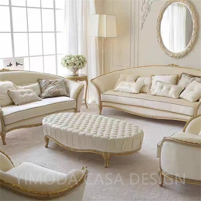 Luxury Classical French Italian Antique Style Carved Cream white fabric Solid Wood Frame Artistic French white Sofa Set