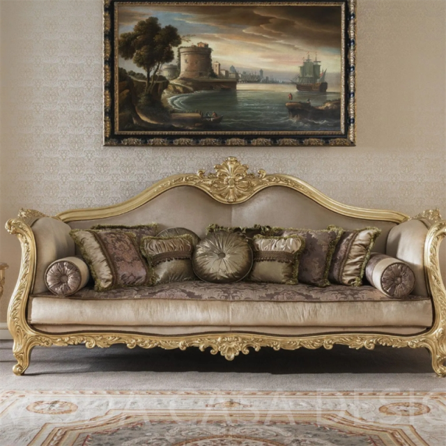 Luxury High-End Three-Person Antique Carved Solid Wood Sofa Custom French-Style Living Room Furniture