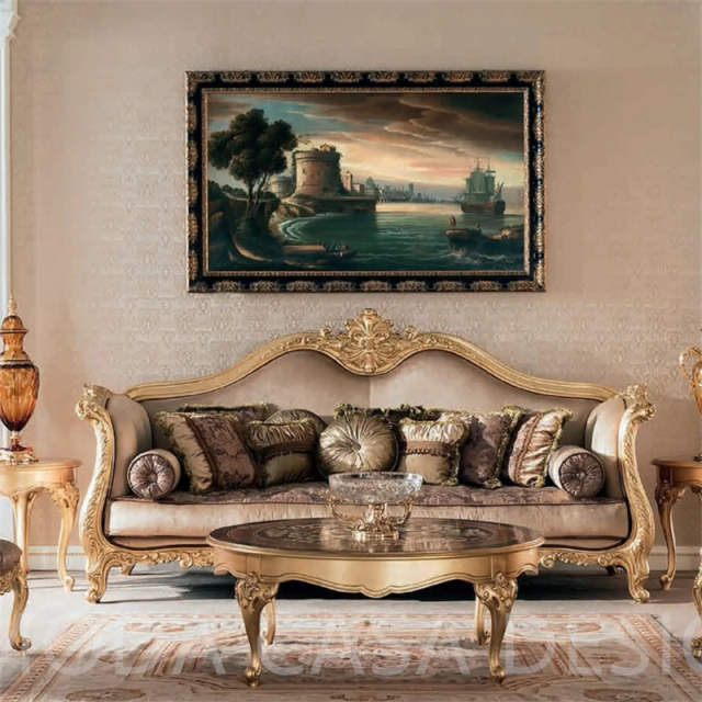 Luxury High-End Three-Person Antique Carved Solid Wood Sofa Custom French-Style Living Room Furniture