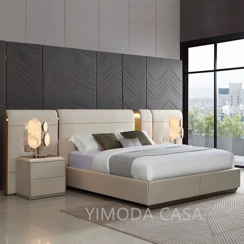 Luxury Crystal Tufted Bed Oversized Mirror Headboard Cream white leather Upholstery for Home Hotel Elegant Bedroom Furniture