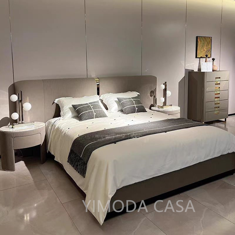 Hot Selling Luxury Modern Comfortable Furniture Grey leather large bedhead Bedroom Bed Upholstered Modern Bed for Bedroom Furniture Bed