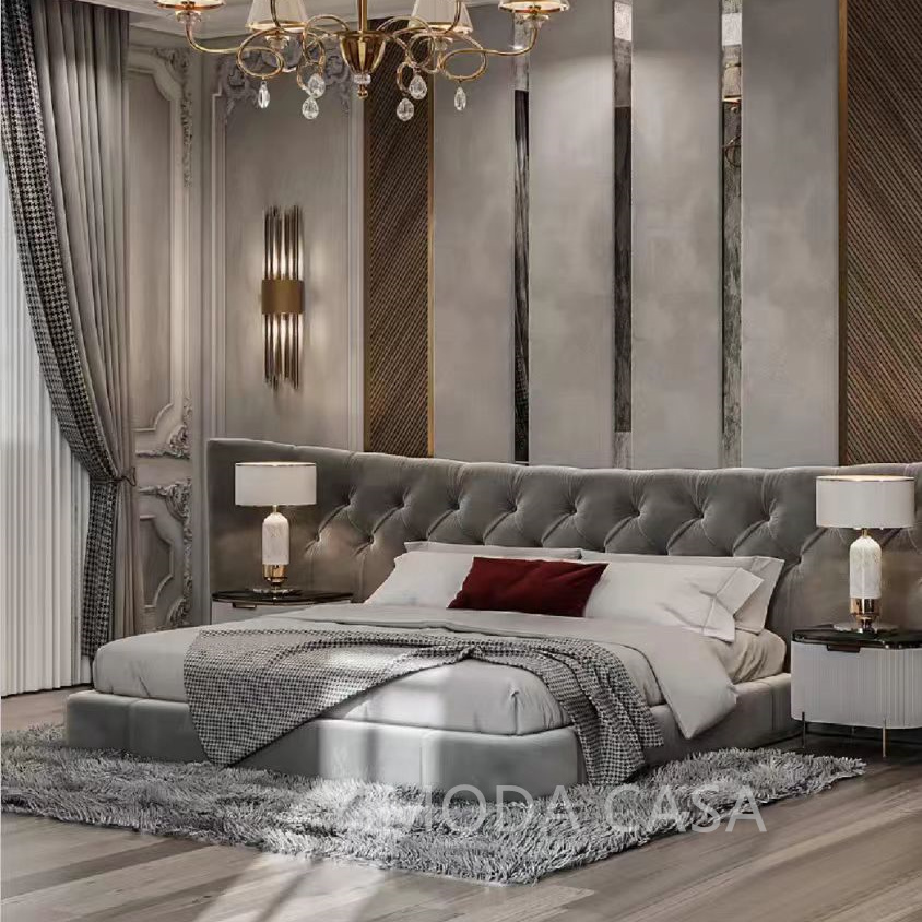 High End Italian Large Bedhead Bed Designer King for Master Bedroom Grey Velvet chesterfield Upholstered bedroom set
