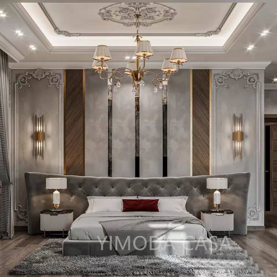 High End Italian Large Bedhead Bed Designer King for Master Bedroom Grey Velvet chesterfield Upholstered bedroom set