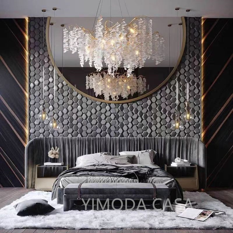 High End Italian Large Bedhead Bed Designer King for Master Bedroom Grey Velvet chesterfield Upholstered bedroom set