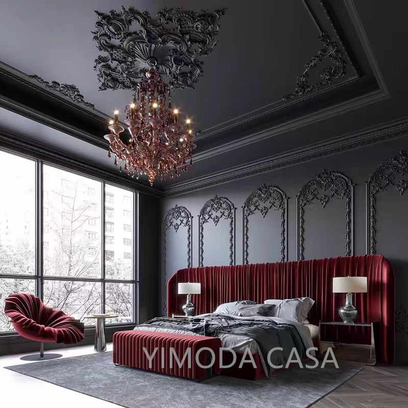 Italian Interior Designer Orange velvet chesterfield bedhead Complete Villa Funiture Luxury Bedroom Set Furniture King Luxury Bed