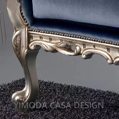 Luxury Classical French Italian European Antique Style Carved  Wood Frame Artistic silver wooden blue velvet Sofa Set