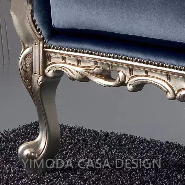 Luxury Classical French Italian European Antique Style Carved  Wood Frame Artistic silver wooden blue velvet Sofa Set