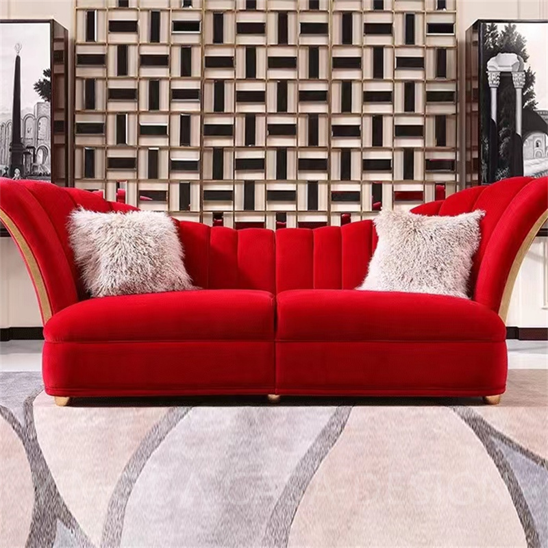 French Style Light Luxury Solid Wood Carved Sofa High-end Red Velvet Fabric Antique Furniture 3 Seater Living Room Sofas
