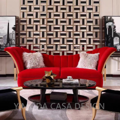 French Style Light Luxury Solid Wood Carved Sofa High-end Red Velvet Fabric Antique Furniture 3 Seater Living Room Sofas