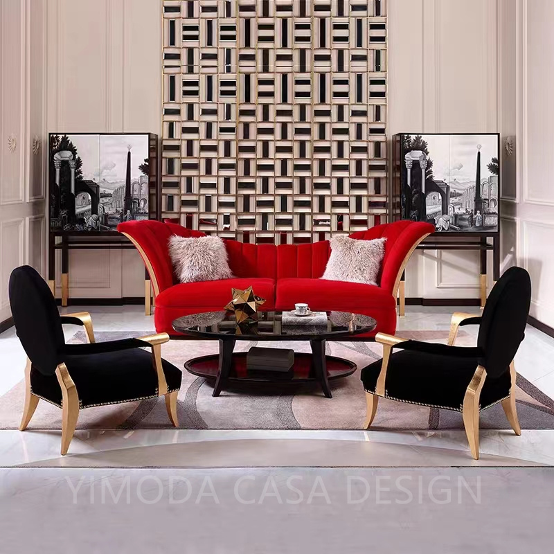 French Style Light Luxury Solid Wood Carved Sofa High-end Red Velvet Fabric Antique Furniture 3 Seater Living Room Sofas