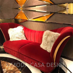 French Style Light Luxury Solid Wood Carved Sofa High-end Red Velvet Fabric Antique Furniture 3 Seater Living Room Sofas