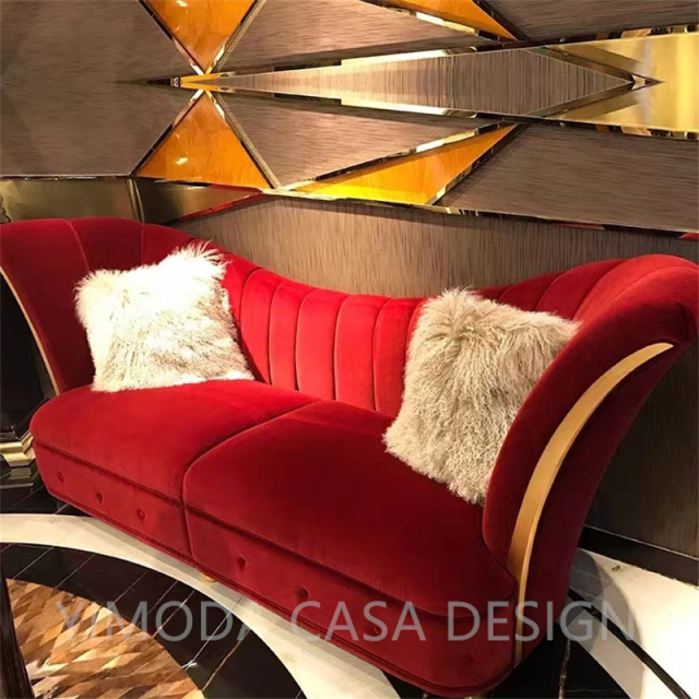 French Style Light Luxury Solid Wood Carved Sofa High-end Red Velvet Fabric Antique Furniture 3 Seater Living Room Sofas
