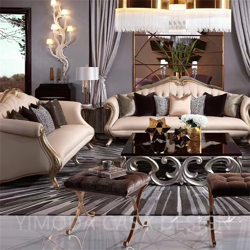 European Antique Style High-End Solid Wood Carved Beige leather Sofa Set Luxury Living Room Furniture chesterfield sofa for Villas