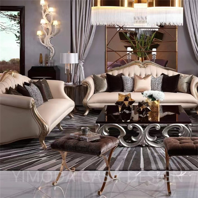 European Antique Style High-End Solid Wood Carved Beige leather Sofa Set Luxury Living Room Furniture chesterfield sofa for Villas