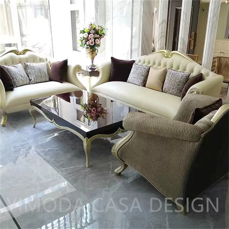 European Antique Style High-End Solid Wood Carved Beige leather Sofa Set Luxury Living Room Furniture chesterfield sofa for Villas