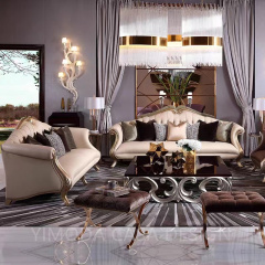 European Antique Style High-End Solid Wood Carved Beige leather Sofa Set Luxury Living Room Furniture chesterfield sofa for Villas