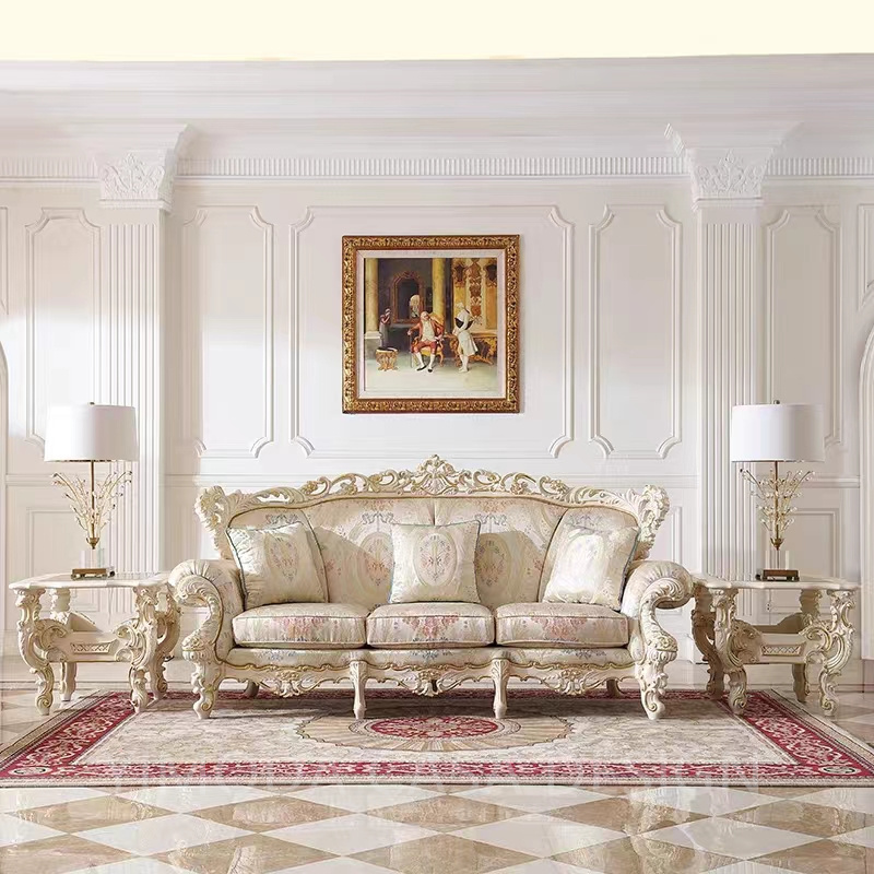French Style Luxury Hand Carved Sofa Set Antique Royal Sectional Wooden Sofas Living Room Furniture Classical Antique white Sofa