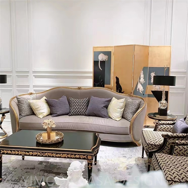 Luxury Italian-Style Antique Classic Grey velvet Sofa Set Elegant Carved Wood Sectional Sofa for Living Room furniture
