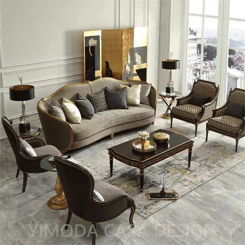 Luxury Italian-Style Antique Classic Grey velvet Sofa Set Elegant Carved Wood Sectional Sofa for Living Room furniture