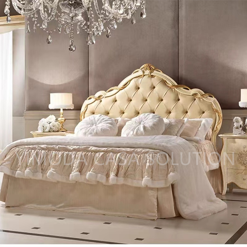 French Upholstery Solid Wooden Bed With Antique Gold Finish Handmade Carving Style Bed-French Style Antique Luxury Bedroom Set