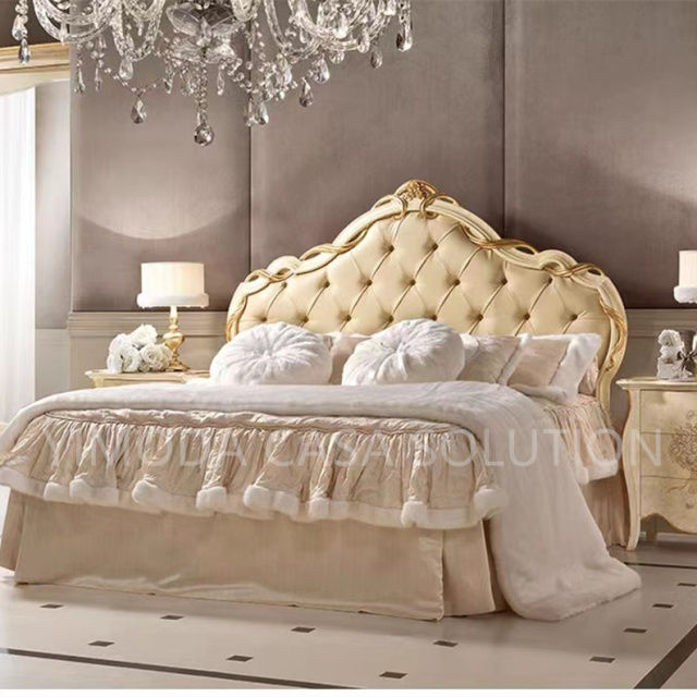 French Upholstery Solid Wooden Bed With Antique Gold Finish Handmade Carving Style Bed-French Style Antique Luxury Bedroom Set