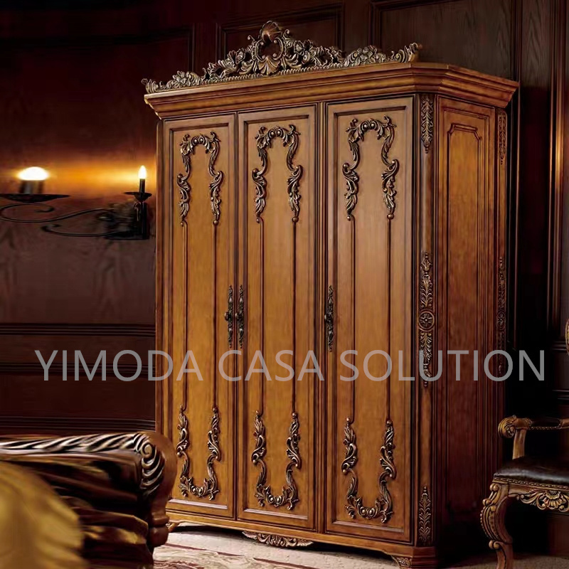 Custom Style Solid Wood Bedroom Furniture Solid Wood Carved Redwood Wardrobe Brown Antique Luxury Wardrobe