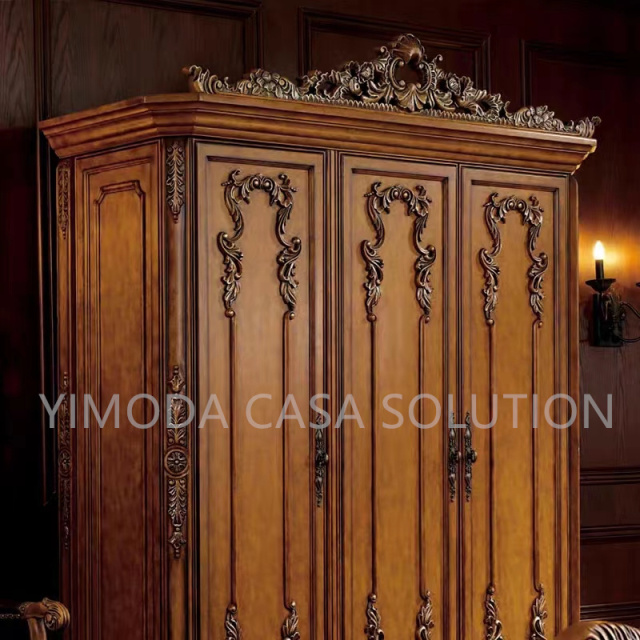 Custom Style Solid Wood Bedroom Furniture Solid Wood Carved Redwood Wardrobe Brown Antique Luxury Wardrobe