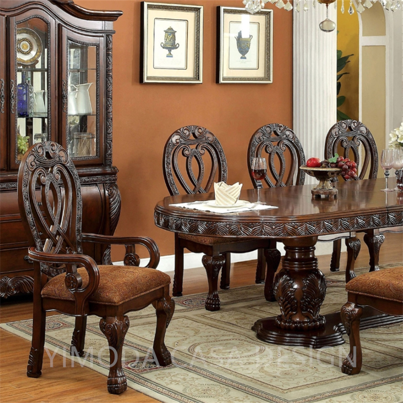 Luxury Antique Classic American Design Solid Wood Hand Carving Brown wooden Dining Room Furniture Set