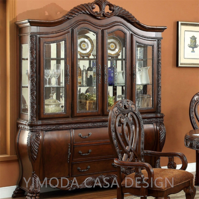 Luxury Antique Classic American Design Solid Wood Hand Carving Brown wooden Dining Room Furniture Set