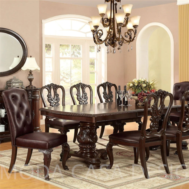Luxury Classic American Style Antique Wood Dining Table Hand Carved Brown Wooden Dining Room Furniture