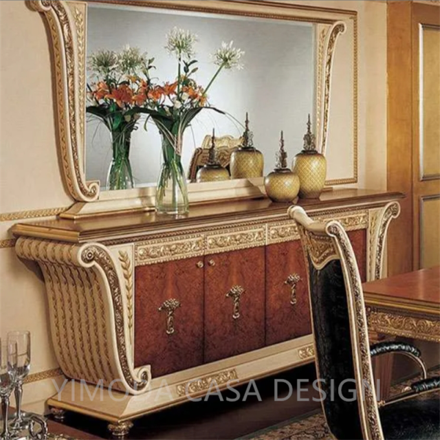 Antique-Style Luxury Golden Red Carving Solid Wood Dining Cabinet European Series Hand-Painted storage dining cabinet sideboard