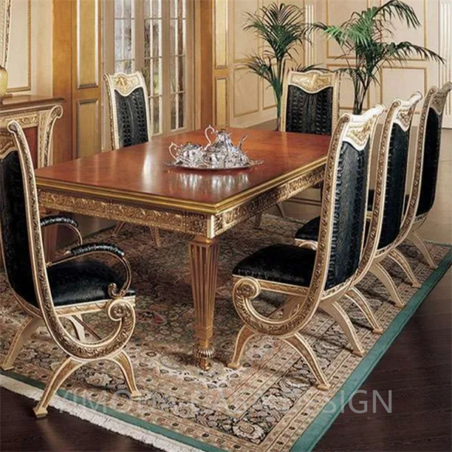 Luxury Palace Classic Italian Style Antique Wood Dining Table Hand Carved Royal Gold Red Leaf Glass Top Dining Room Furniture