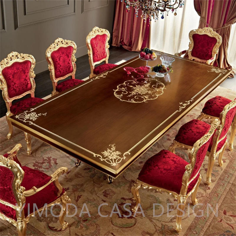 European Antique Home Furniture Luxury Brown Golden Wooden Dining Table 10-12 Chairs Hand Carved Gold Dining Set