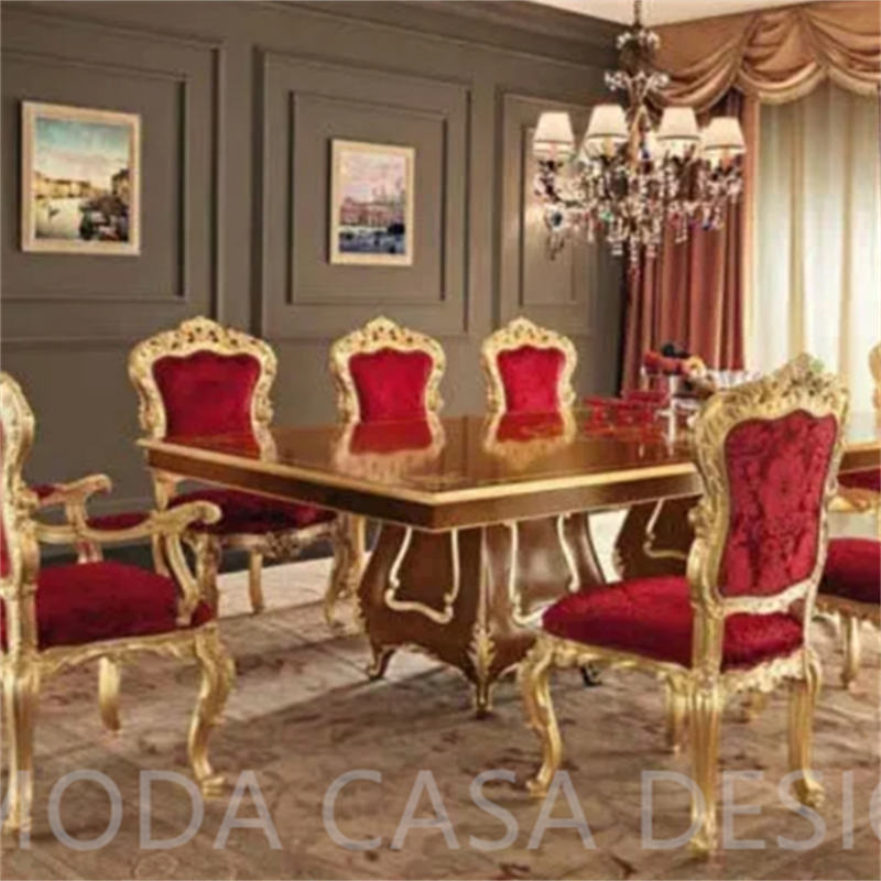 European Antique Home Furniture Luxury Brown Golden Wooden Dining Table 10-12 Chairs Hand Carved Gold Dining Set