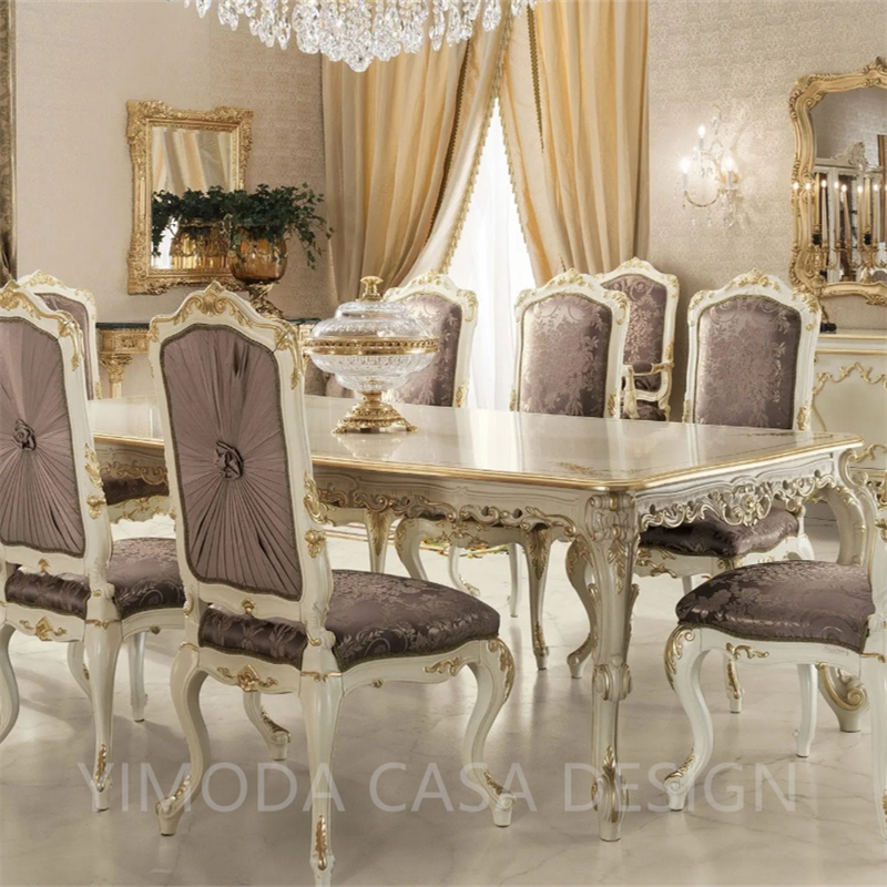 Luxury Antique French Dining Room Furniture Table Set Classic Carved Wood White Golden Dining Table With 6 Purple velvet Dining Chairs
