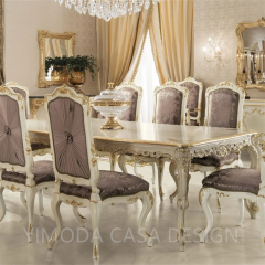 Luxury Antique French Dining Room Furniture Table Set Classic Carved Wood White Golden Dining Table With 6 Purple velvet Dining Chairs