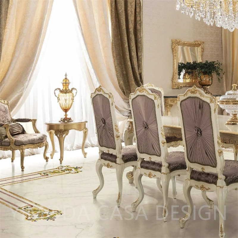 Luxury Antique French Dining Room Furniture Table Set Classic Carved Wood White Golden Dining Table With 6 Purple velvet Dining Chairs