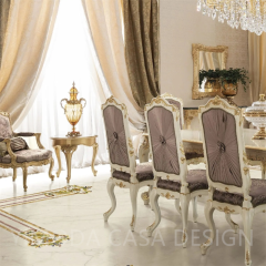 Luxury Antique French Dining Room Furniture Table Set Classic Carved Wood White Golden Dining Table With 6 Purple velvet Dining Chairs