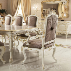 Luxury Antique French Dining Room Furniture Table Set Classic Carved Wood White Golden Dining Table With 6 Purple velvet Dining Chairs