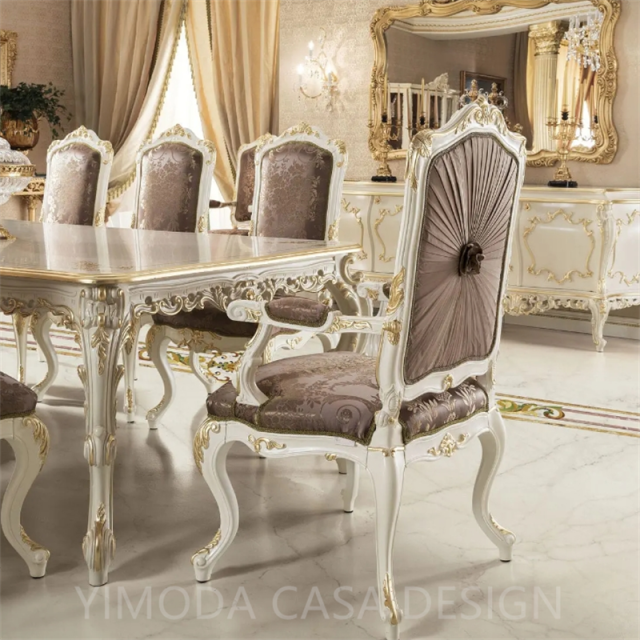 Luxury Antique French Dining Room Furniture Table Set Classic Carved Wood White Golden Dining Table With 6 Purple velvet Dining Chairs