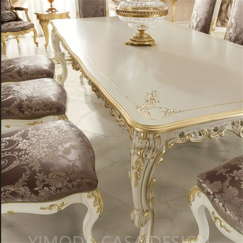 Luxury Antique French Dining Room Furniture Table Set Classic Carved Wood White Golden Dining Table With 6 Purple velvet Dining Chairs