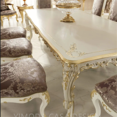 Luxury Antique French Dining Room Furniture Table Set Classic Carved Wood White Golden Dining Table With 6 Purple velvet Dining Chairs