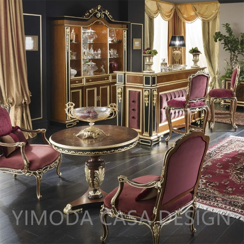 Luxury European Neoclassical Dining Room Furniture Solid Wood Carved Dining Table and Chair with bar counter series